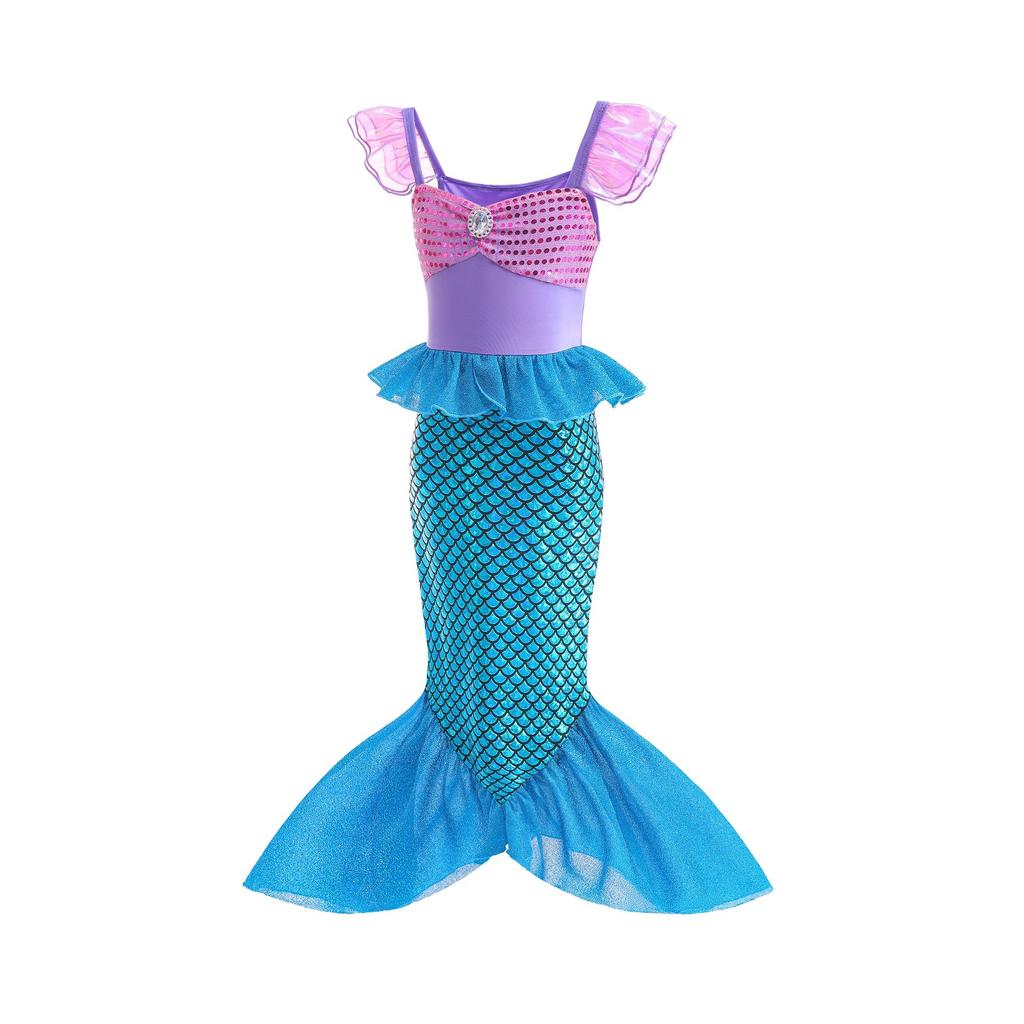 Little Girls Mermaid Sequin Wing Dress Princess Gown Stage Performance Costume