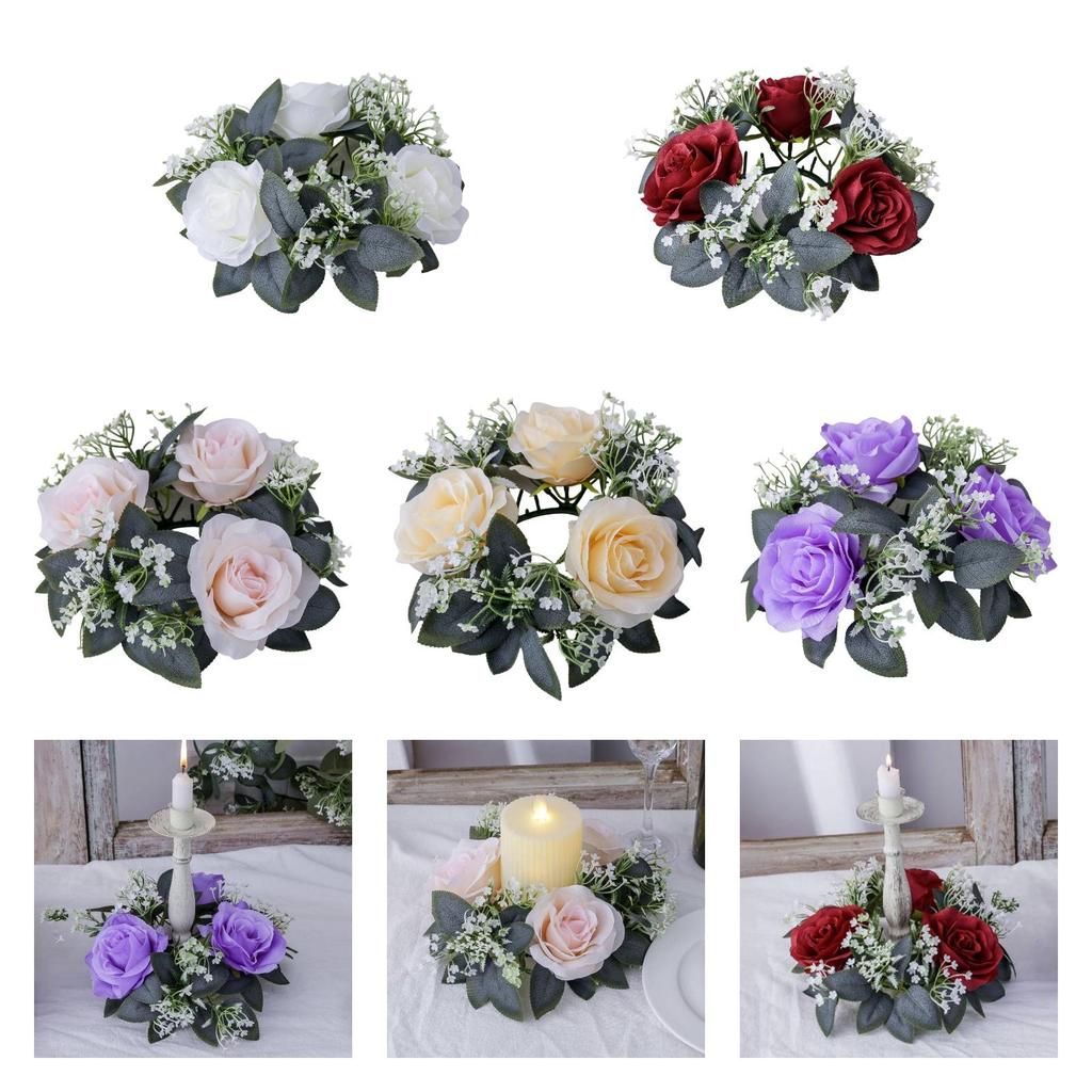 Artificial Floral Candle Ring for Pillar Candle Greenery Small Fake Candle Holder for Party Thanksgiving Day Home Table Dinner