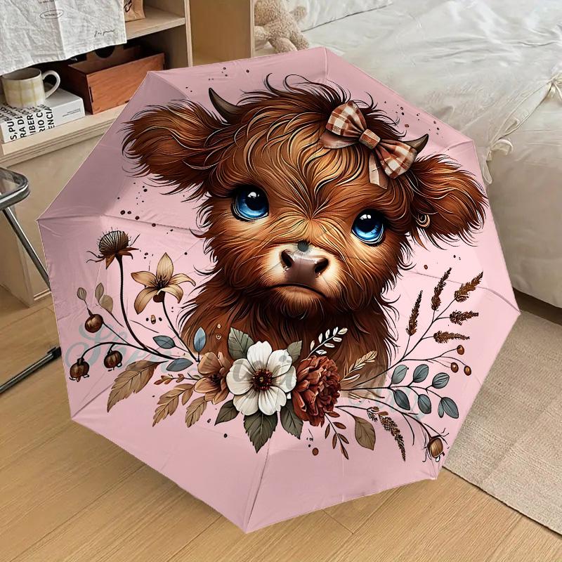 

Highland Cattle Themed Folding Umbrella Fashion Auto-Open 8 Iron Ribs Plastic Handle Foldable Sunshade Perfect Christmas Gifts