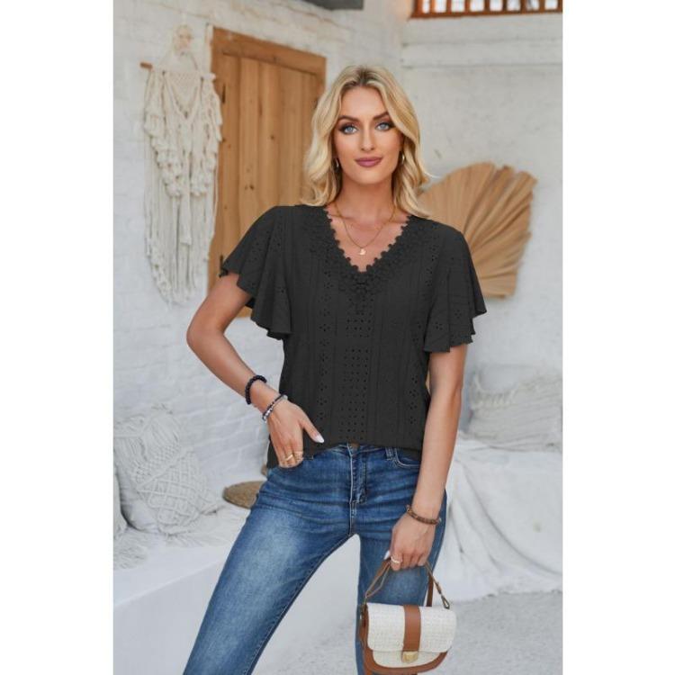 New Fashion Women's Lace V-neck Loose T-shirt Solid Color Ruffled Sleeves Spring Summer