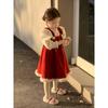 Adorable Korean Children's Red Vest Dress Set For Girls Featuring Cozy Knitted Sweater For Christmas And New Year