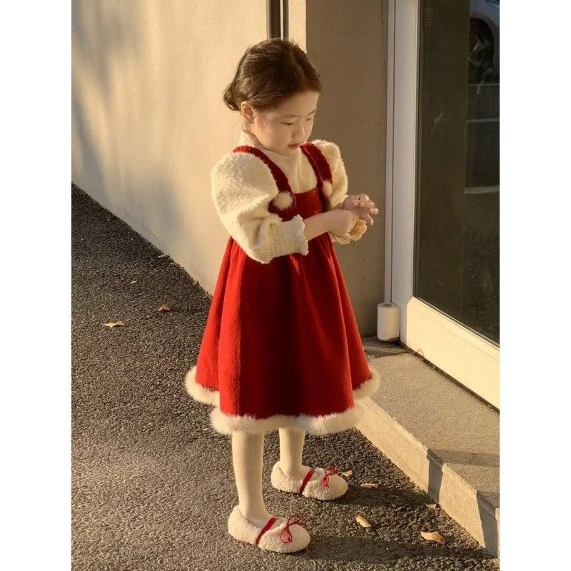 Adorable Korean Children's Red Vest Dress Set For Girls Featuring Cozy Knitted Sweater For Christmas And New Year