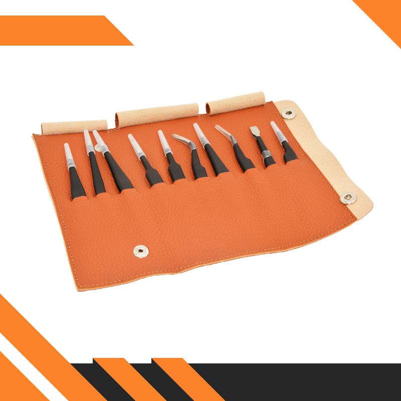 10-teiliges Präzisions-Antistatik-Pinzetten-Set aus Edelstahl mit Ledertasche Wartungswerkzeuge Professionell Gerade gebogen ESD Beauty-Set