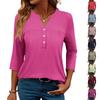 Women's Fashionable Casual Color V-Neck Decorative Button Three-Quarter Sleeve T-Shirt Top