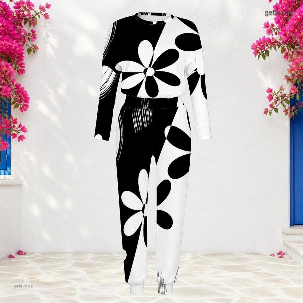 Women Plus Size Round Neck Long Sleeve Printed Black White Cuffed Top And Cuffed Pants Two Piece Set