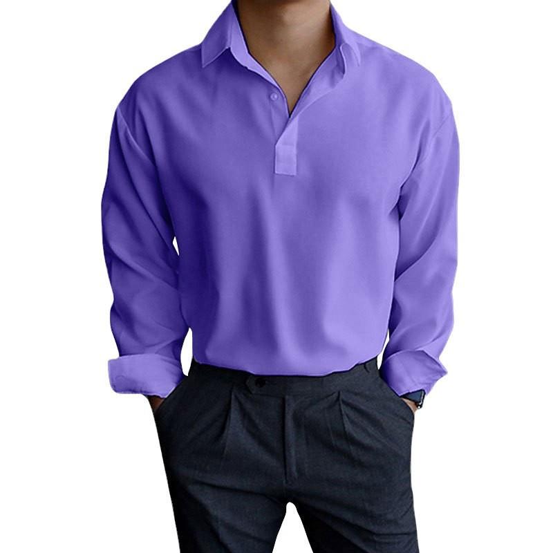 Men Lapel Half Placket Solid Long Sleeve Henley Casual Shirt