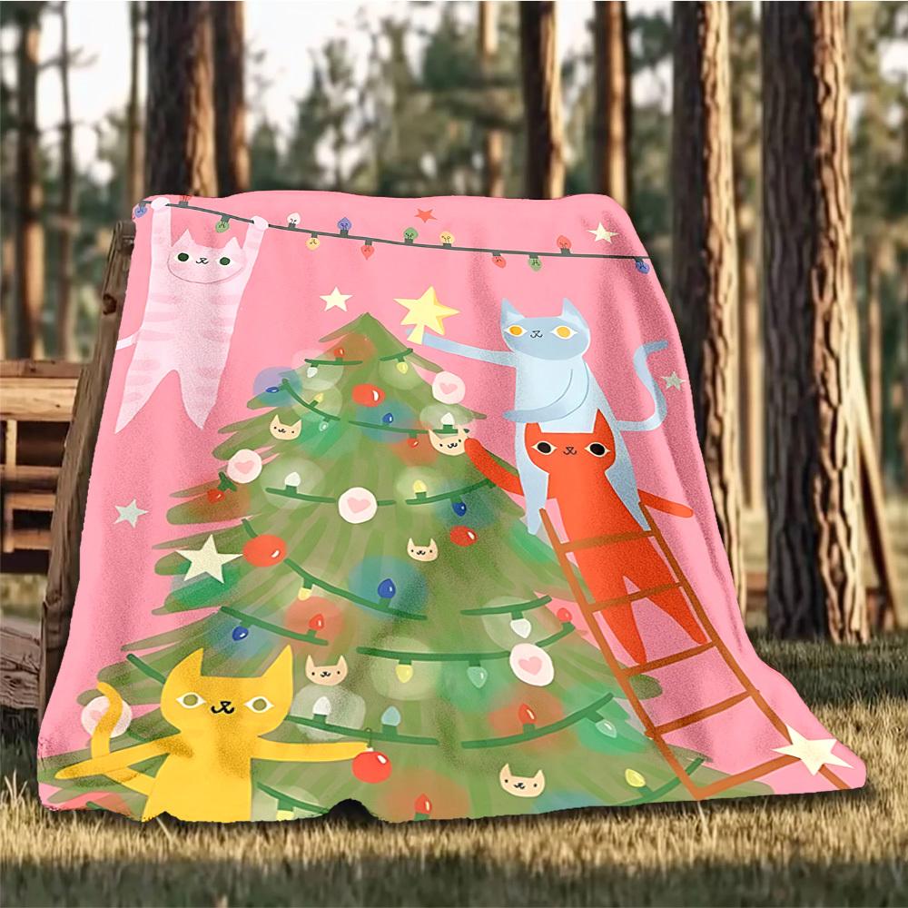1pc Cat Christmas Outdoor Personalized Flannel Blanket, Soft, Lightweight Personalized Flannel Blanket, Digital Printing,