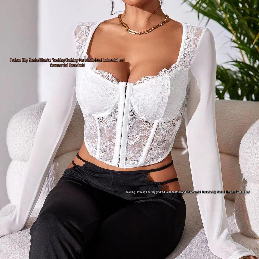 European & American Sexy Lace See-through Mesh Corset Top