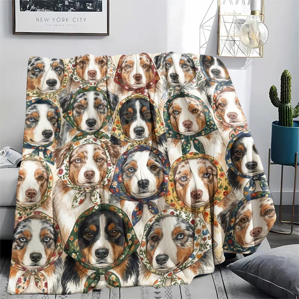 1PC Retro Pet Puppy Print Flannel Blanket, High quality All Seasons, Home Decor, Warmth and Comfort, Perfect for Christmas Gifts