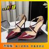 Thin heel pointed burgundy high heels 2025 autumn new popular banquet simple red patent leather women's hollow sandals