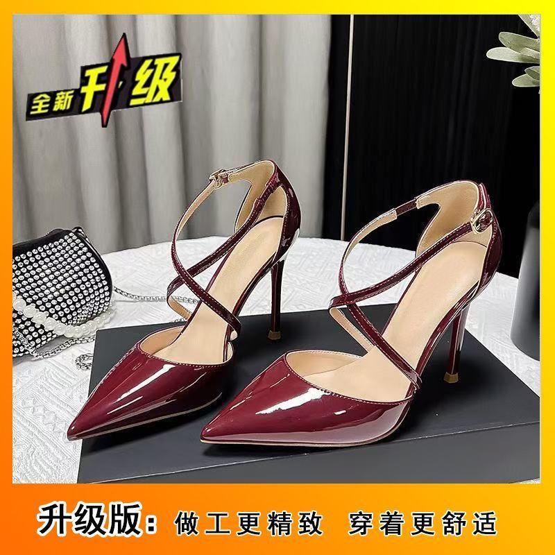 Thin Heel Pointed Burgundy High Heels 2025 Autumn New Popular Banquet Simple Red Patent Leather Women's Hollow Sandals