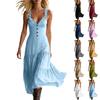Women Sleeveless V Neck Button Front Casual A Line Dress Summer Beachwear Lightweight Flowy Midi Dress with Ruffle Trim