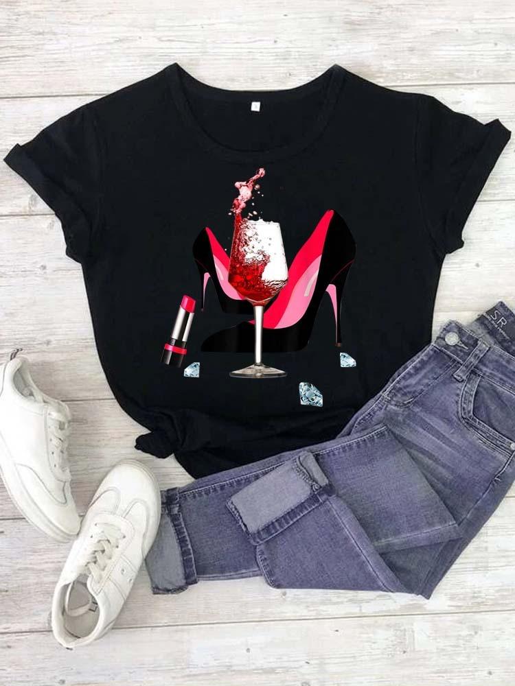 Modisches bedrucktes High-Heel-T-Shirt für Damen Modisches weißes Kurzarm-T-Shirt mit Schleifendesign Lässiges Home-Top für Mädchen