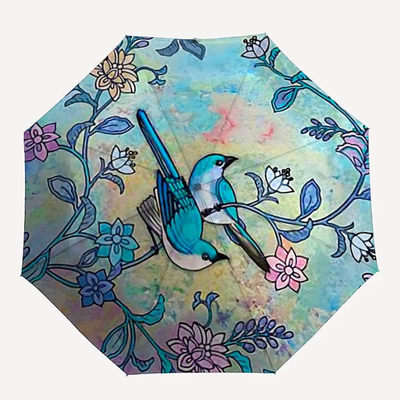 1pc Birds Flowers Automatic Folding Umbrella - Compact 8-Rib Design, Durable Plastic & Iron, Lightweight for Outdoor Daily Use062