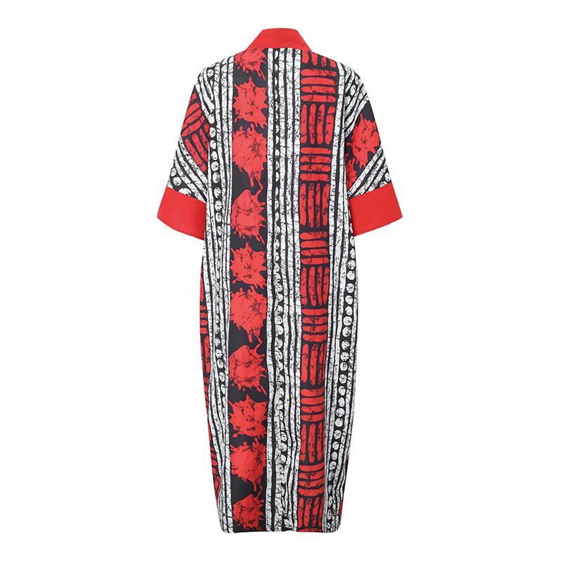 M-5XL Damen V-Ausschnitt Halber Fledermausärmel Gestreifter Druck Patchwork Lässiges Übergroßes Maxi-Kleid