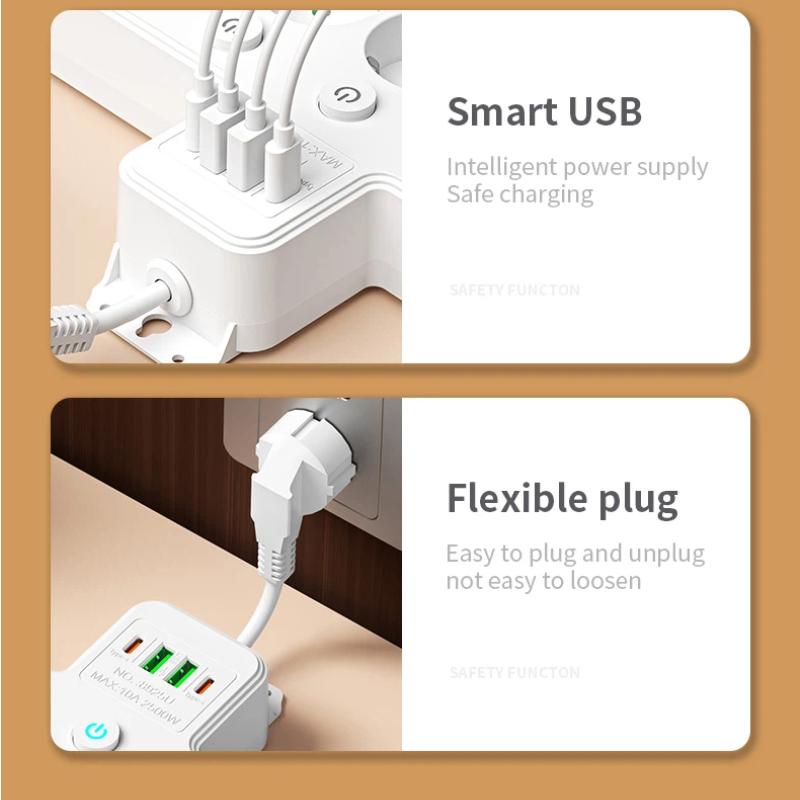 EU Power Strip – 5 AC Outlets with Independent Switches, Optional USB/Type-C
