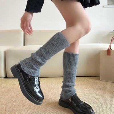 Winter and Autumn Wool Sock Hoods, Thick and Warm Leg Coverings In Gray Color, Knitted with Lace Trim, Calf-length Socks.