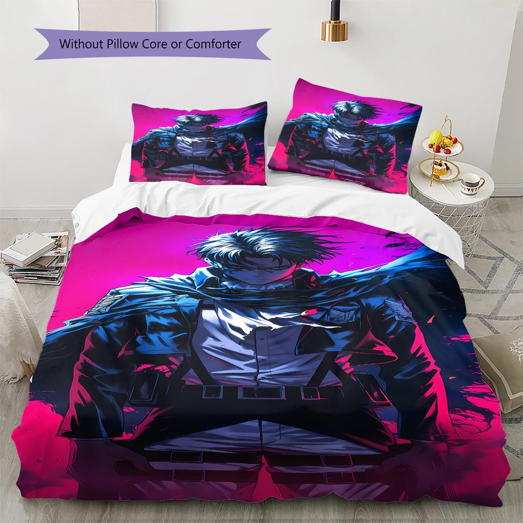 Pościel z motywem Attack on Titan, Zestaw kołdry Poszewka na kołdrę Poszewka na poduszkę Domowy prezent urodzinowy (1 * poszwa na kołdrę + 2 * poszewki na poduszki, bez rdzenia)