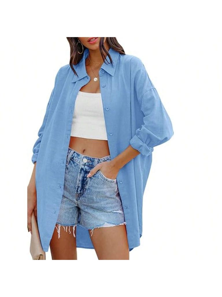 Women's Oversized Button Down Blouse Long Sleeve Stand Collar Loose Casual Top with Pockets