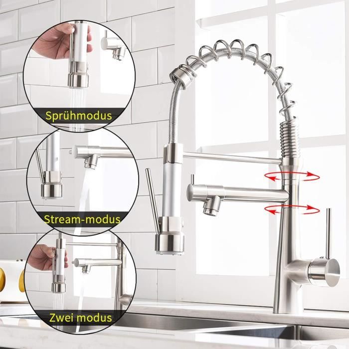 Robinet de cuisine - timaco - pivotant 360° - douchette extractible - laiton brossé - économie d'eau