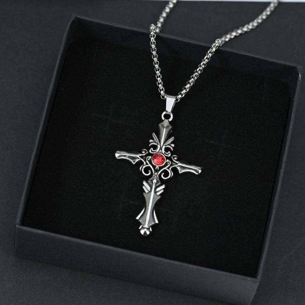 Halloween Retro Diamond-Encrusted Cross Necklace Rhombus Domineering Male Street Hip-Hop Jewelry Pendant