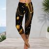 Women Plus Size Capri Leggings Black Golden Cosmic Galaxy Planet Print High Waist Stretchy Soft Workout Pants For Yoga Casual Daily Wear