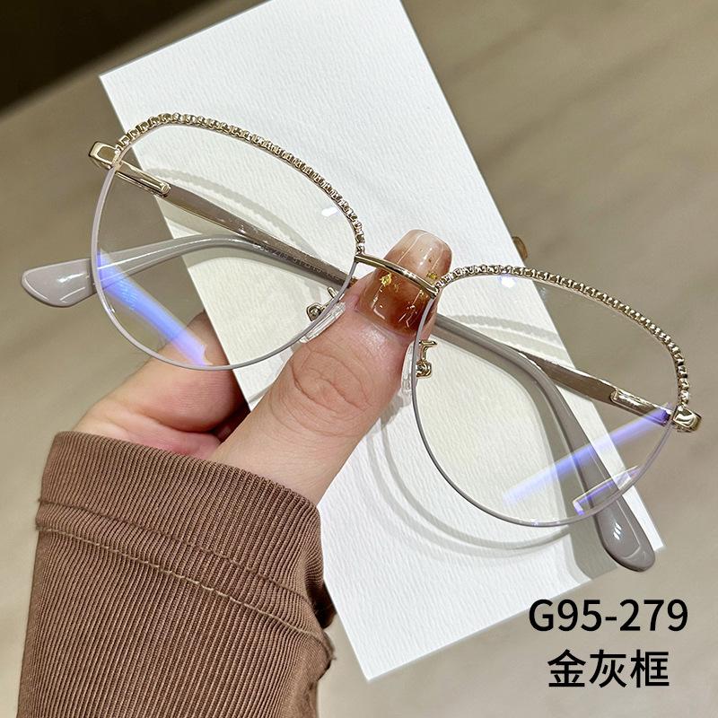 

Round Metal Frame Anti Blue Light Glasses Luxury Half Rhinestone Edged Eyeglasses Women Computer Light Blocking Plain Glasses
