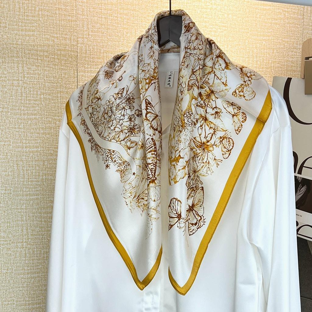 Early Spring Mulberry Silk Scarf British Yellow Butterfly Versatile Foreign Silk Printing Temperament Chinese Square Scarf Woman