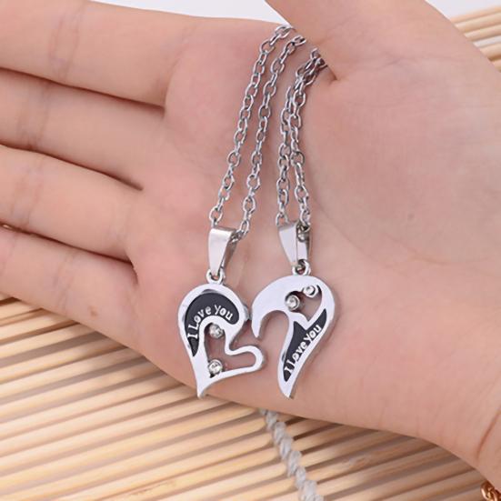 1 Pair Couple Necklace I Love You Rhinestone Inlaid Unisex Heart Shape Pendant Lover Necklace for Anniversary