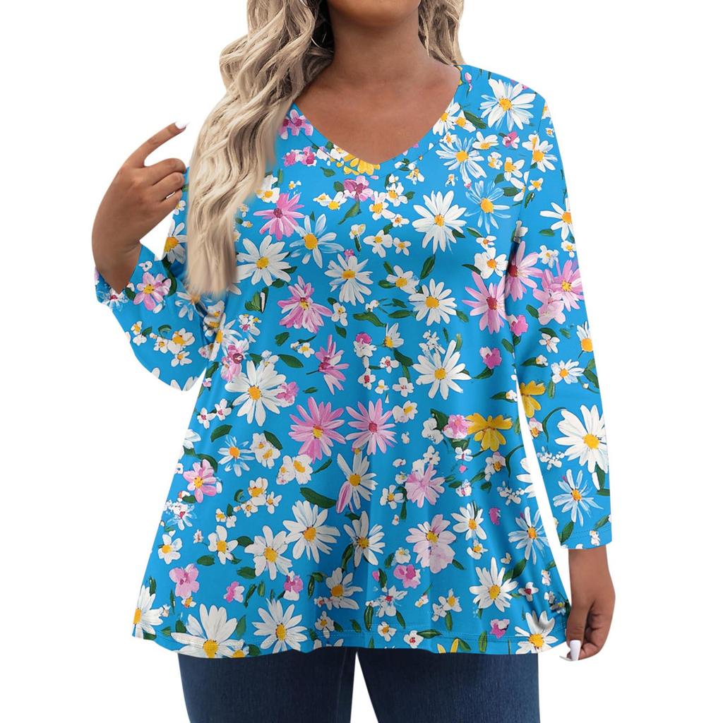 Women's Fashionable Casual Long Sleeved Plus Size Floral Print Top Plus Size Floral Print Top