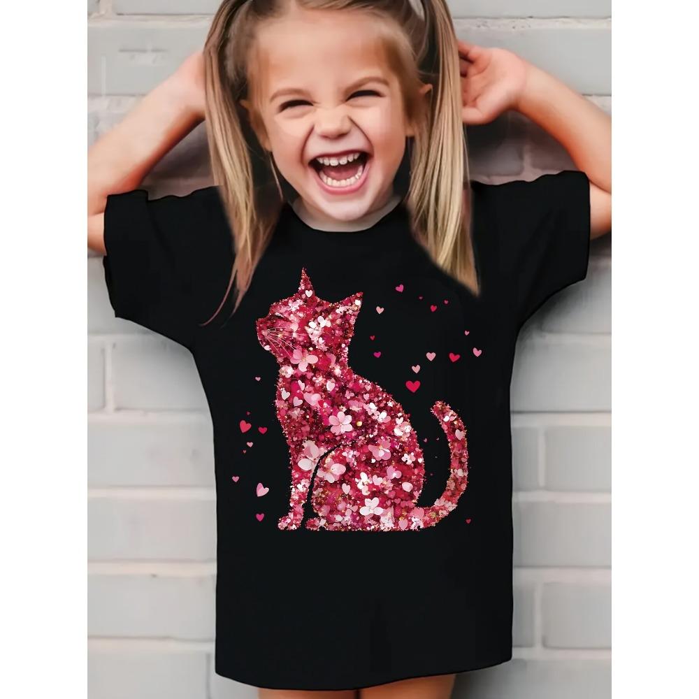 Children's round neck cat pattern T-shirt, fashionable short-sleeved casual top, suitable for children to wear.