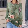 Women's Fashionable Casual Floral Retro Print Pleated Comfortable Round Neck Loose Long Sleeve T-shirt Top