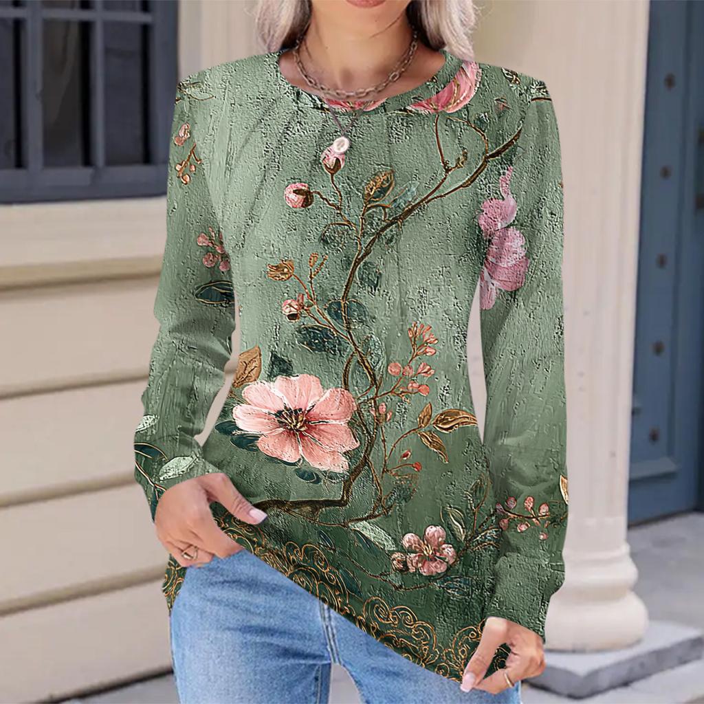 Women's Fashionable Casual Floral Retro Print Pleated Comfortable Round Neck Loose Long Sleeve T-shirt Top