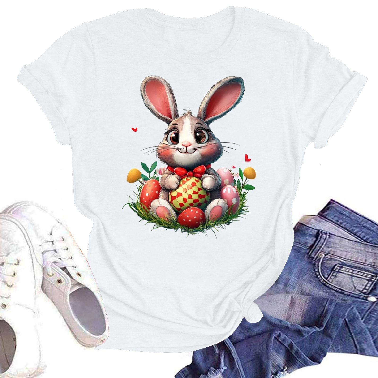 

Счастливой Пасхи женская мода принтованный круглый вырез короткий рукав футболка пуловер топ XXL белый