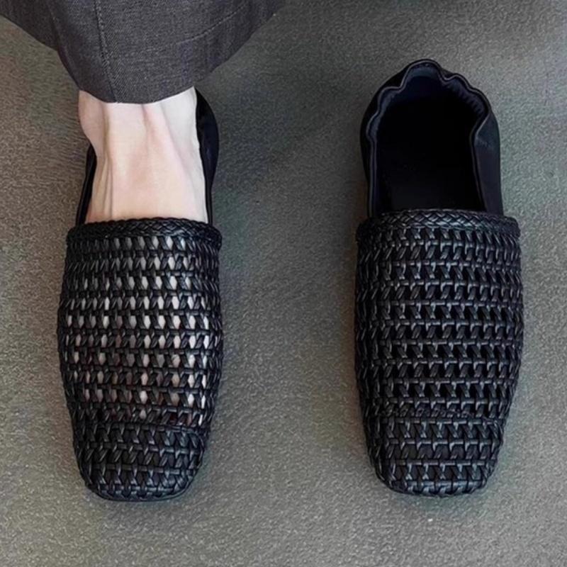 

Модные женские плетеные сандалии ручной работы на плоской подошве, универсальные шлепанцы с квадратным носком и полым верхом, дизайнерские новые удобные простые женские сандалии 40