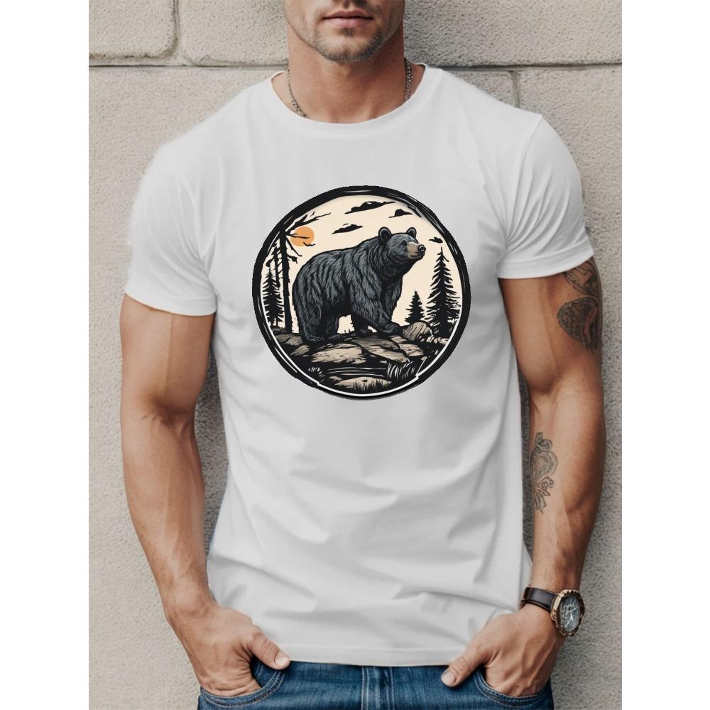 European sizes Grizzly Bear Graphic Print T-Shirt for Men - Casual, Short Sleeve, Summer-Perfect Tee with Comfortable Fit and Vibrant Colors