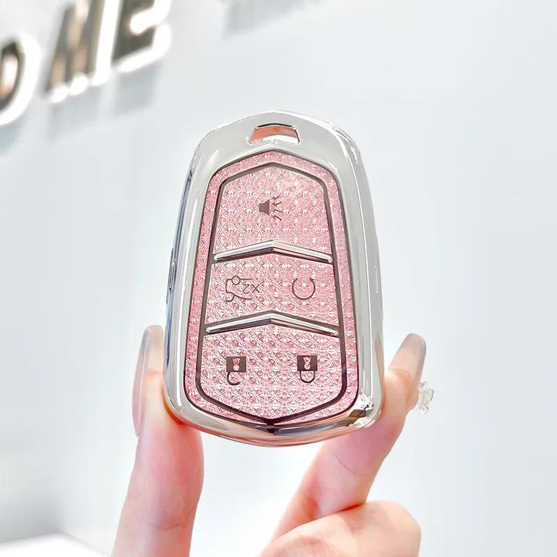 Car For Cadillac ATS CT6 CTS DTS XT5 Escalade ESV SRX STS XTS 28T ELR 4 5 Button Key Case Cover Fob Keychain Crystal Pink TPU