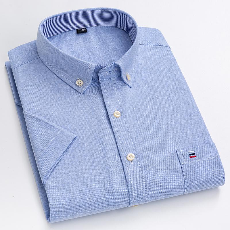 Letnie Nowe Męskie Koszule Oxford Krótki Rękaw 100% Bawełna Kratka Miękkie Regularny Krój Formalna Koszula Elegancka Koszula Społeczna Odzież Męska
