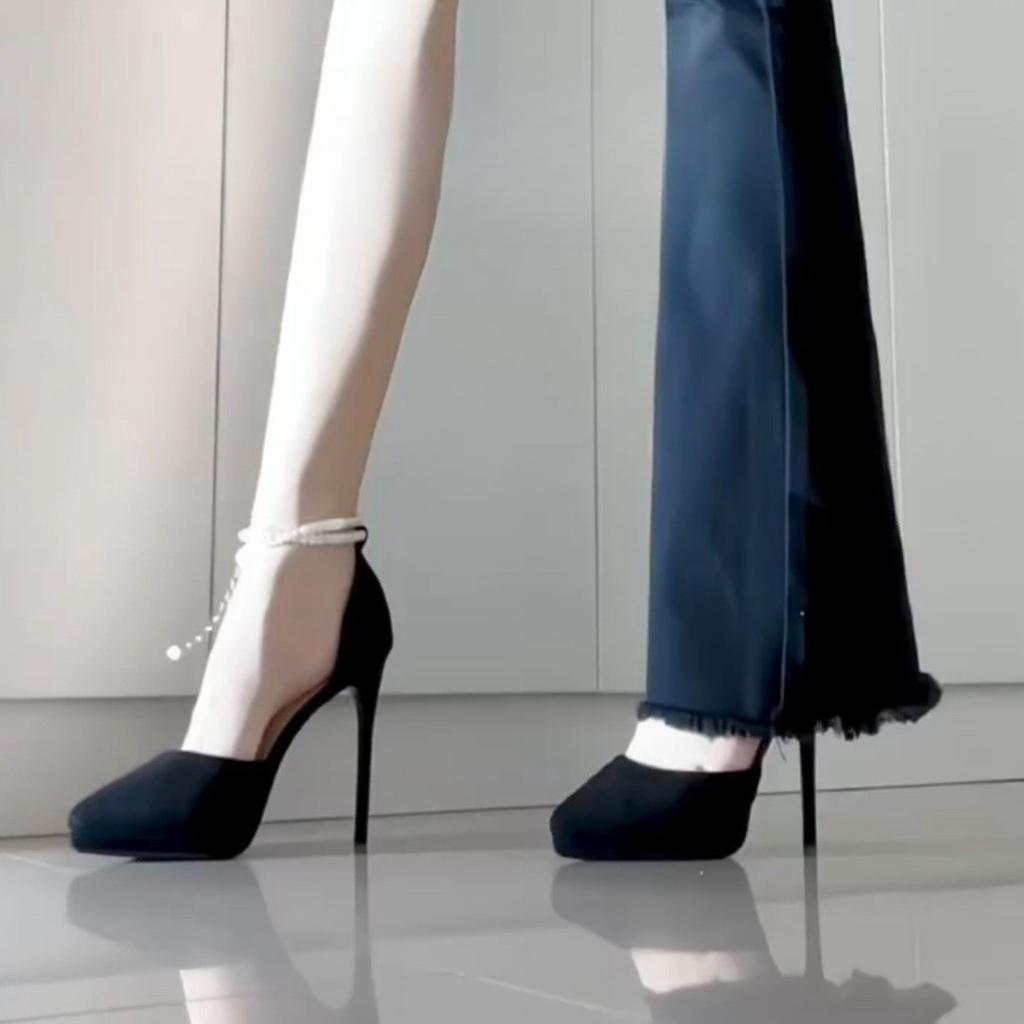 New Waterproof Table High Heels Women's Thin Heels Are Not Tired Feet Sexy Student Black Suede Hollow Pointed Single Shoes Women