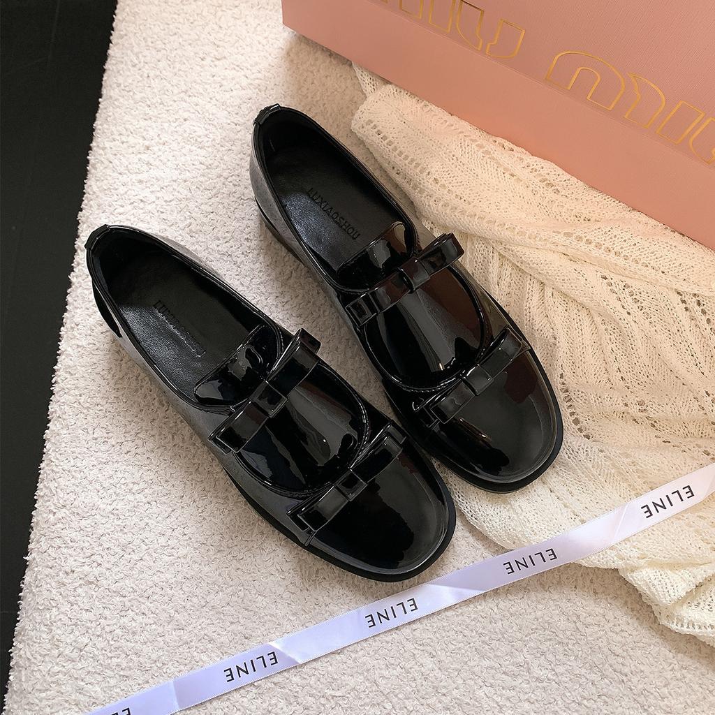 Cowhide Version~ British Style Bow Small Leather Shoes Women's Platform Loafers Genuine Leather Black One-pedal Lazy Single Shoes