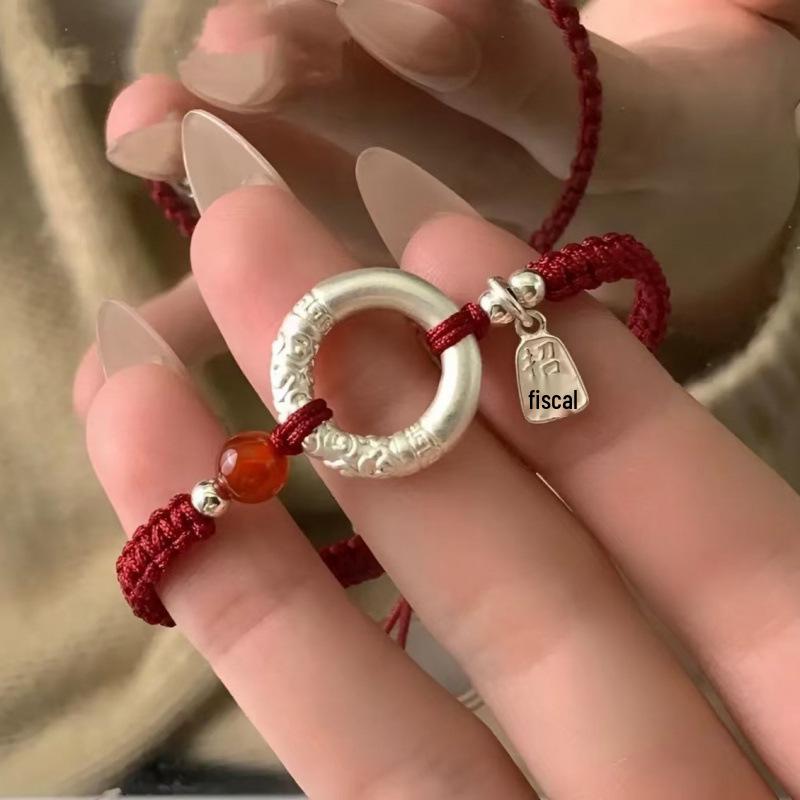 Retro Chinese-Style 999 Sterling Silver Bracelet with Ping'an Buckle and Love Beans