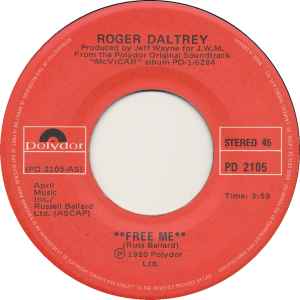 

7inch Record ROGER DALTREY - Free Me PD2105 Polydor 1980 Canada Rock Used