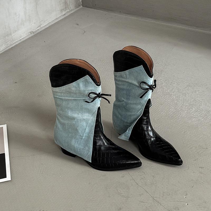 Thick-soled thick heel inner height increase medium tube short boots season bow pointed trousers boots women's high-heeled knight boots tide