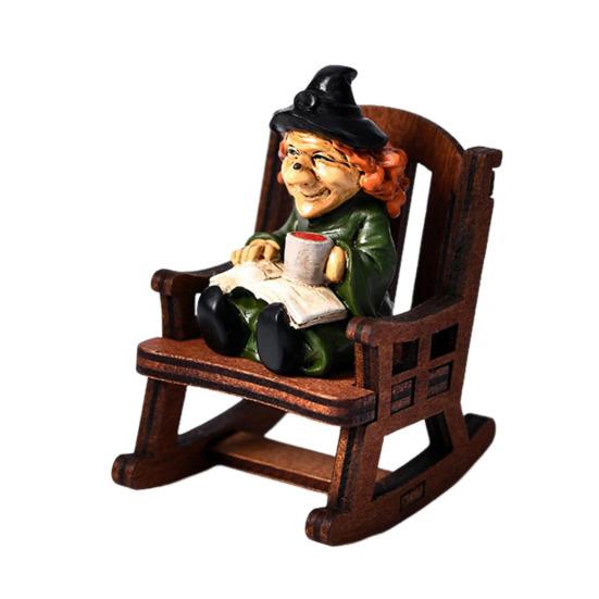 Halloweenská čarodějnice figurka pryskyřice miniatura socha ponurého žence čarodějnice duch v houpacím křesle gotická dekorace na stůl polici