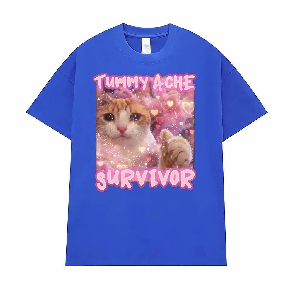Stomach Ache Survivor Funny Cat Emoji Graphic TShirt Unisex Trendy Vintage Cartoon Humorous Street Style 100 Cotton TShirt