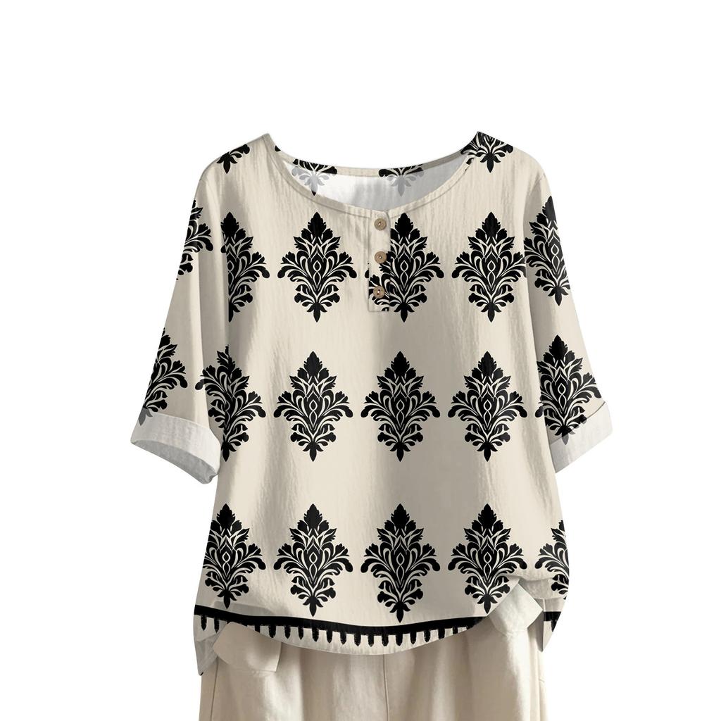 Women's Fashionable And Casual Shirt Half-sleeve Round Neck Print Cotton And Linen Blouse Top