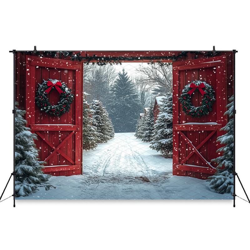 Mocsicka Christmas Photography Background Winter Snowflake Decoration Photo Backdrops Xmas Tree Red Door Pattern Shooting Banner