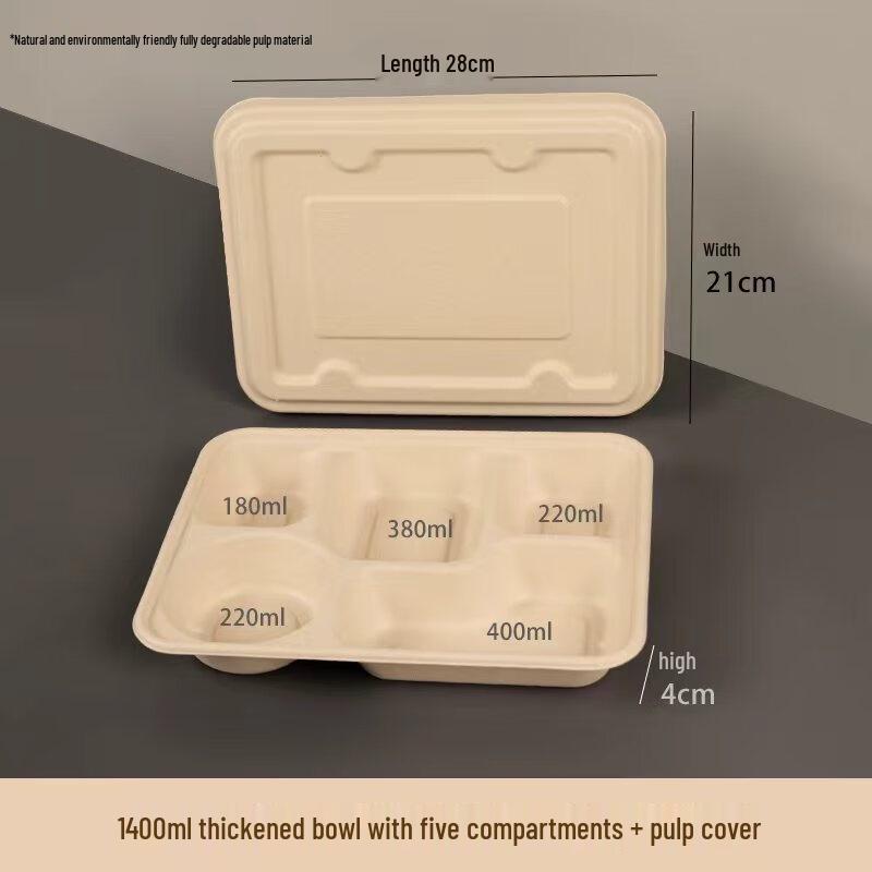 Yuzhuxun 1400ml 5-Compartment Disposable Takeout Food Container with Paper Lid (150-Pack)