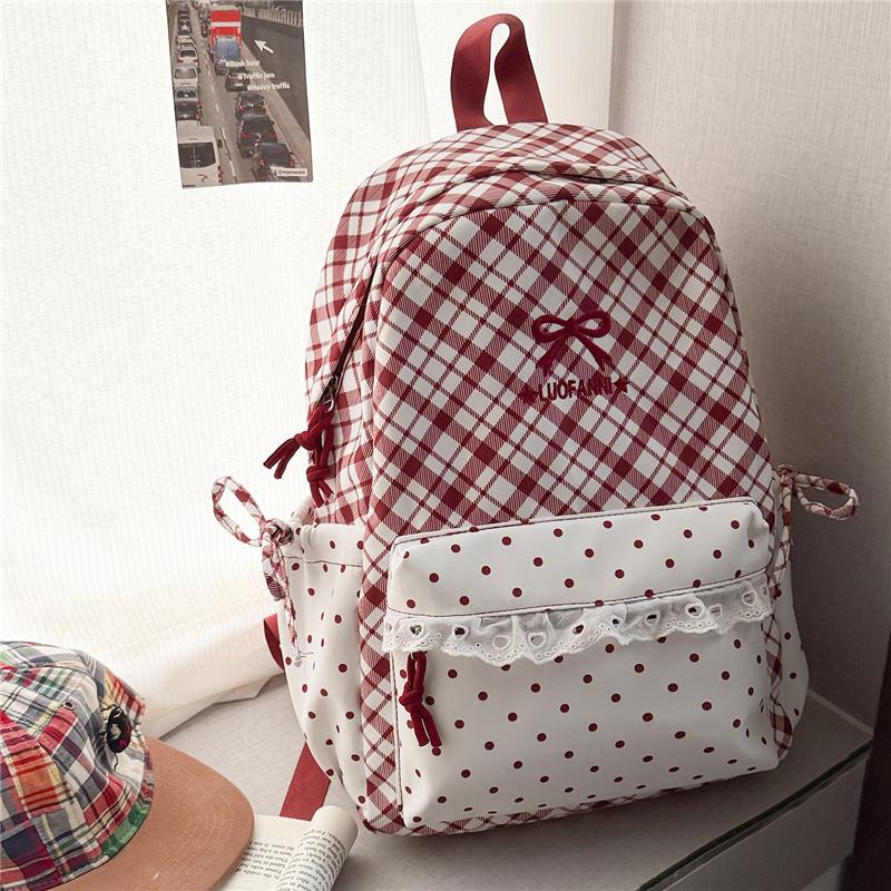Cute Gingham Polka Dot School Backpack with Bow Detail Lace Trim Lightweight Zipper Daypack for Teen Girls Travel