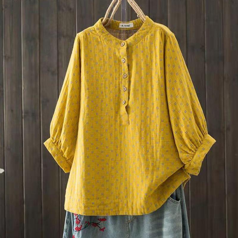 Short-sleeved Double-layer Cotton Yarn Shirt Women's Large Size Pullover Shirt Thin Stand-up Collar Shirt